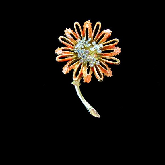 FLORENZA gold tone & rhinestone trembler coral orange sunflower brooch -Spring - Picture 5 of 8